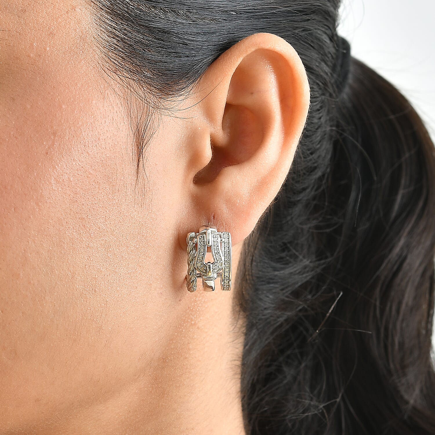 GP White Diamond 0.35 ctw J Hoop Earrings in Rhodium Over Sterling Silver
