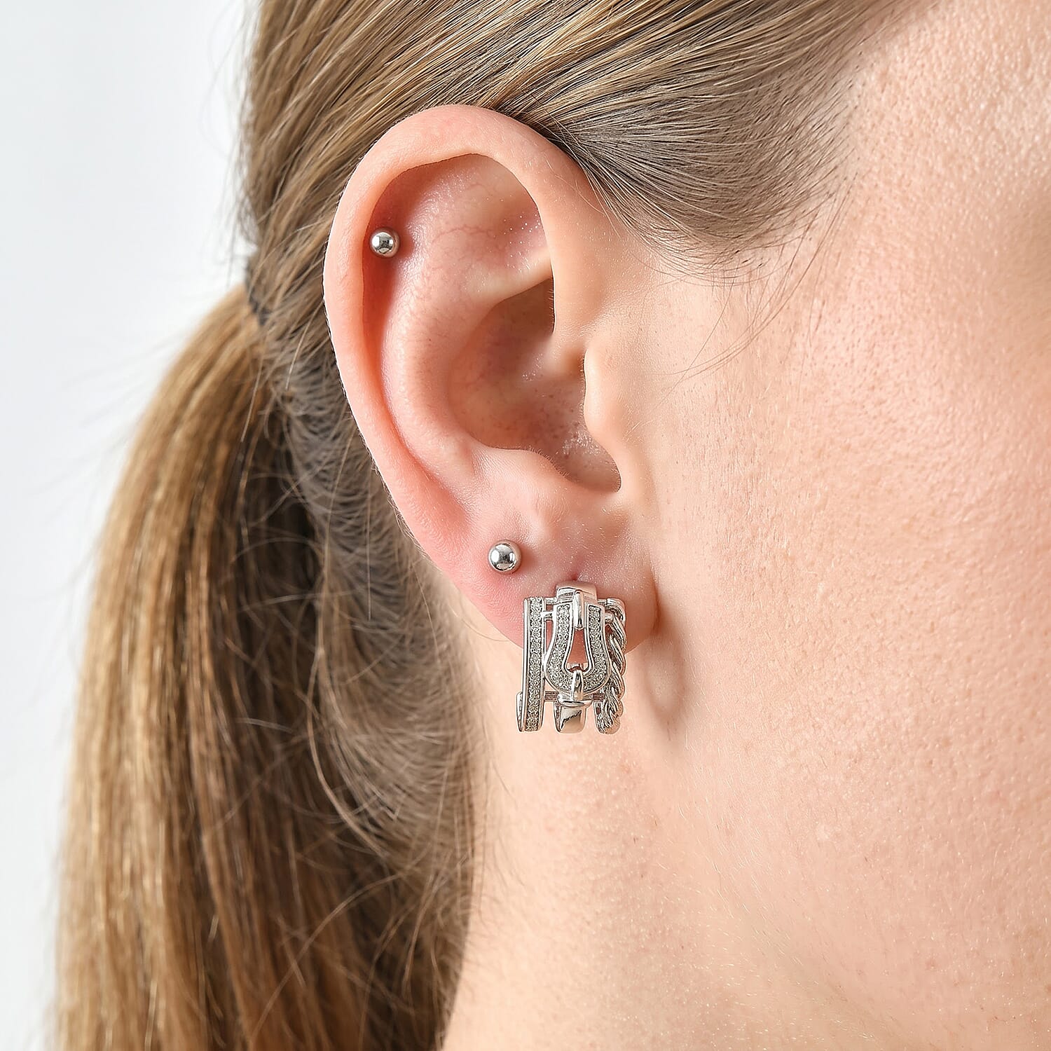 GP White Diamond 0.35 ctw J Hoop Earrings in Rhodium Over Sterling Silver