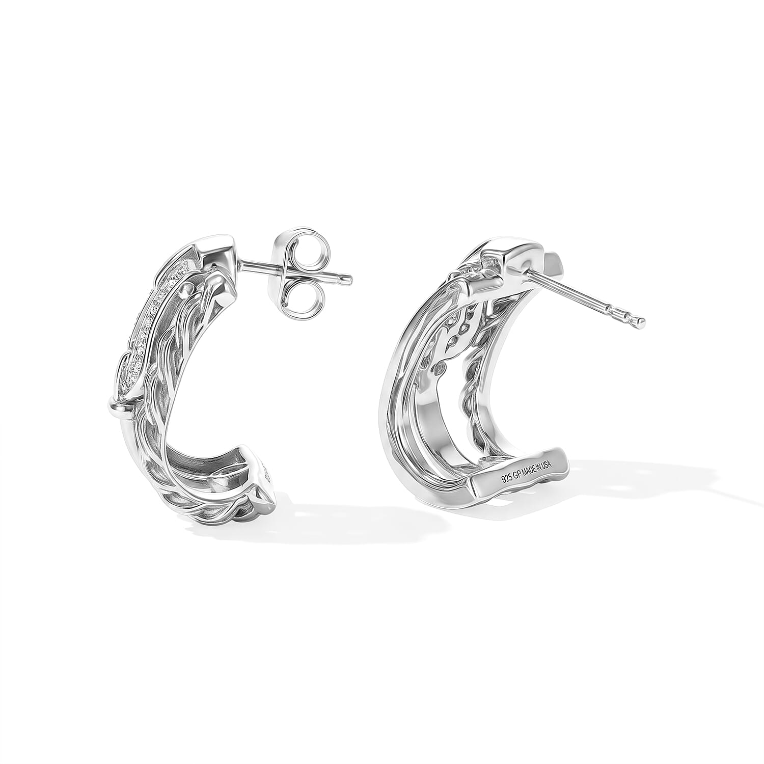GP White Diamond 0.35 ctw J Hoop Earrings in Rhodium Over Sterling Silver