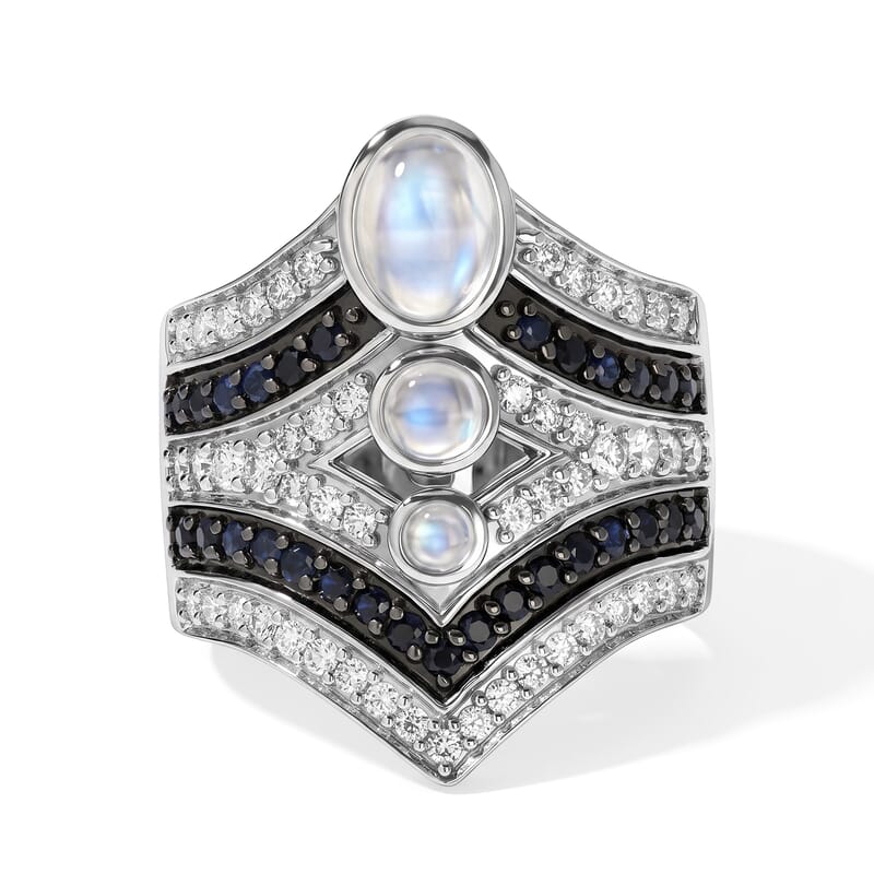 D'Joy Rainbow Moonstone and Multi Gemstone 2.50 ctw Celestial Shield Ring in Rhodium Over Sterling Silver (Size 6.0)