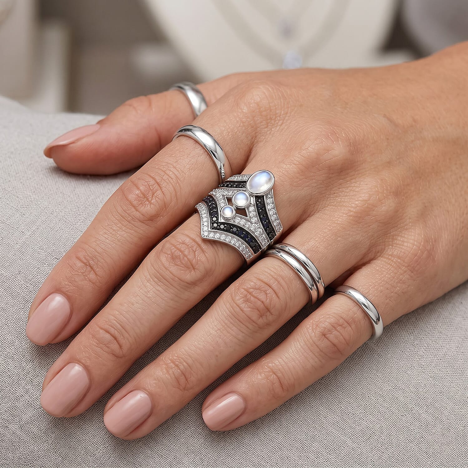 D'Joy Rainbow Moonstone and Multi Gemstone 2.50 ctw Celestial Shield Ring in Rhodium Over Sterling Silver (Size 6.0)