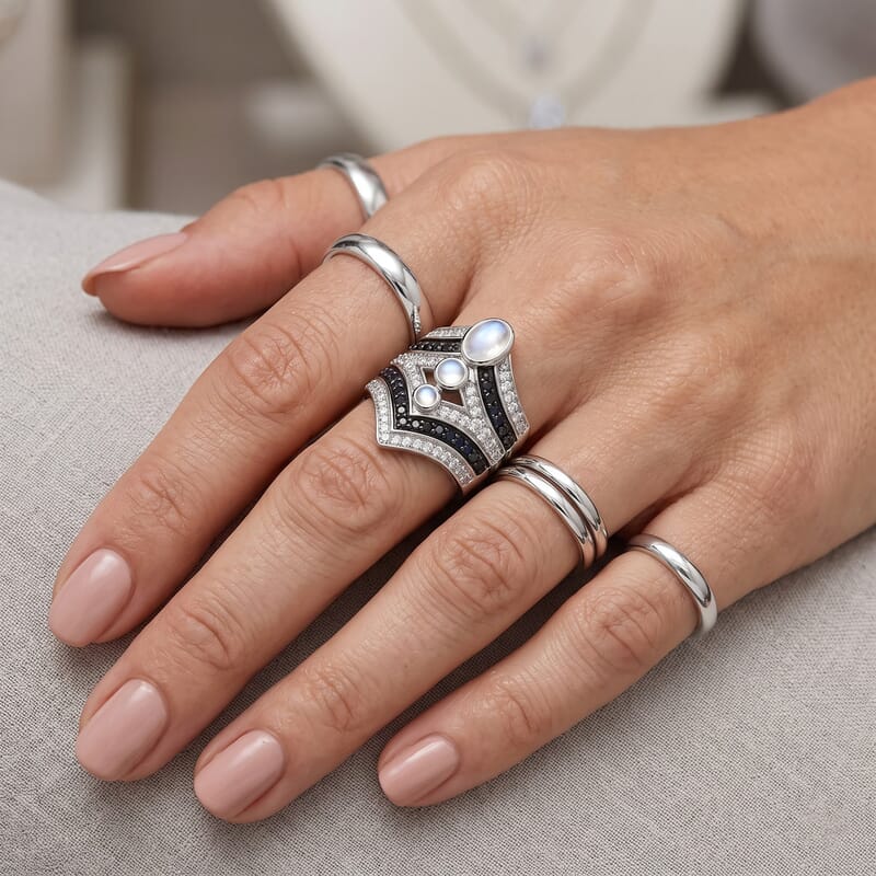 D'Joy Rainbow Moonstone and Multi Gemstone 2.50 ctw Celestial Shield Ring in Rhodium Over Sterling Silver (Size 6.0)