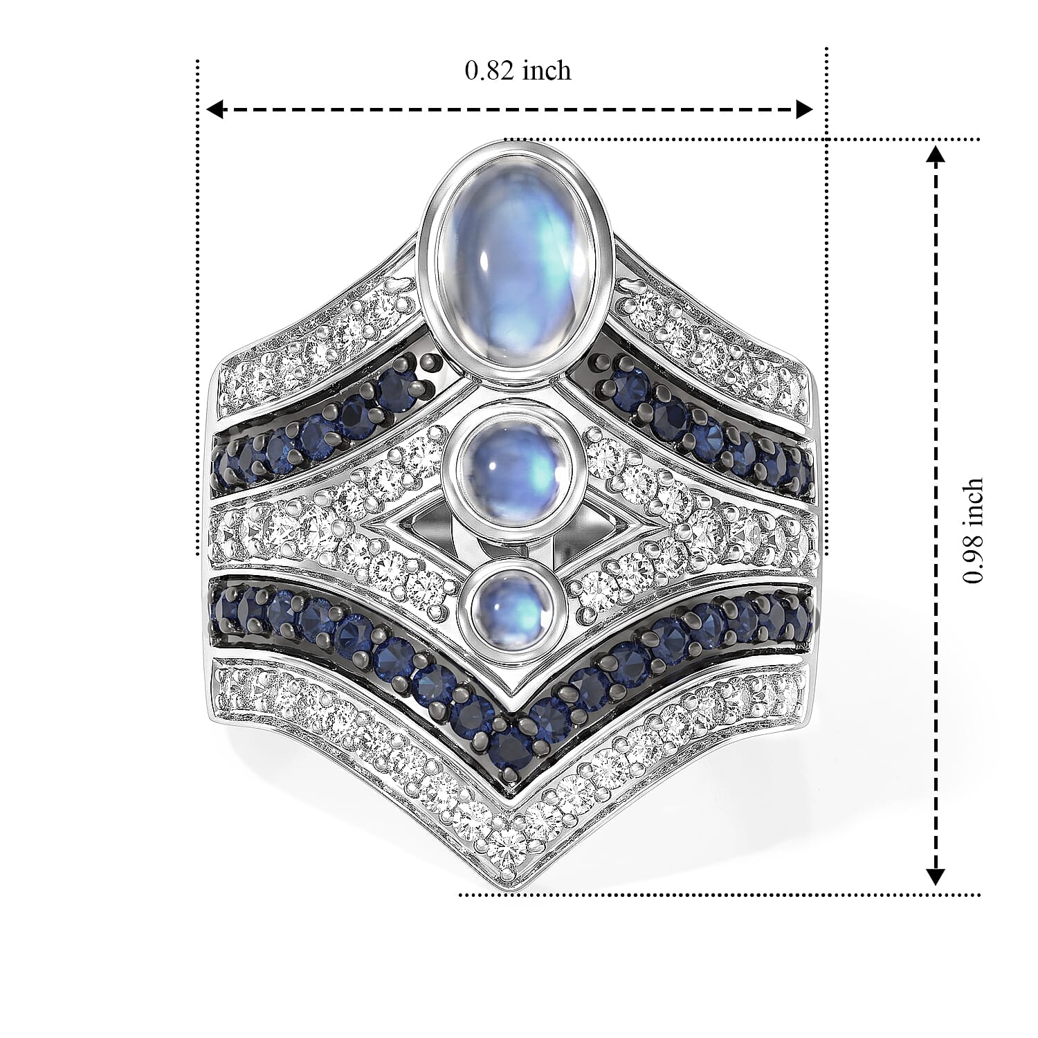 D'Joy Rainbow Moonstone and Multi Gemstone 2.50 ctw Celestial Shield Ring in Rhodium Over Sterling Silver (Size 6.0)