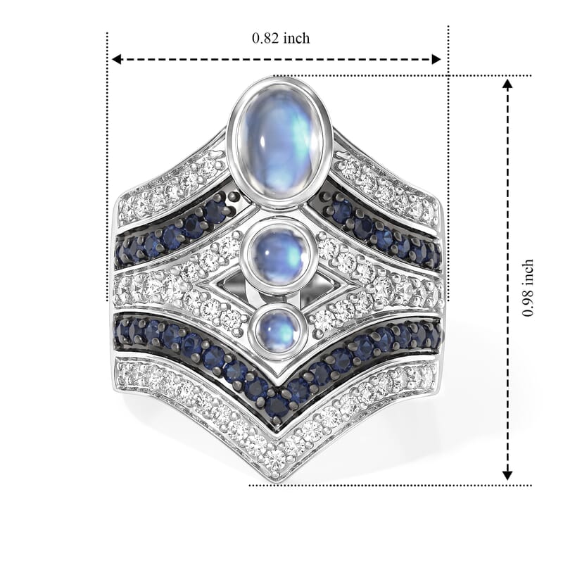 D'Joy Rainbow Moonstone and Multi Gemstone 2.50 ctw Celestial Shield Ring in Rhodium Over Sterling Silver (Size 6.0)