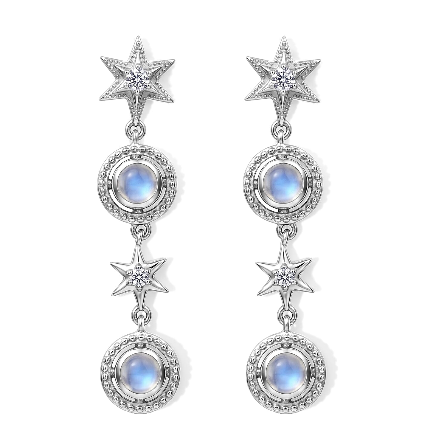 D'Joy Premium Rainbow Moonstone and White Zircon 1.85 ctw Dangling Earrings in Rhodium Over Sterling Silver