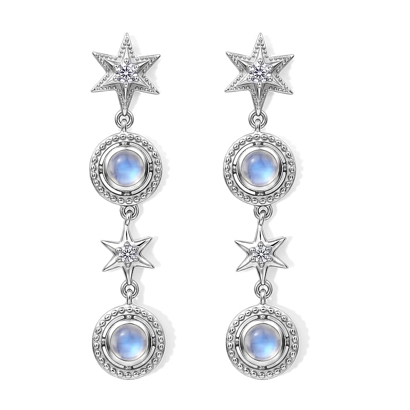 D'Joy Premium Rainbow Moonstone and White Zircon 1.85 ctw Dangling Earrings in Rhodium Over Sterling Silver