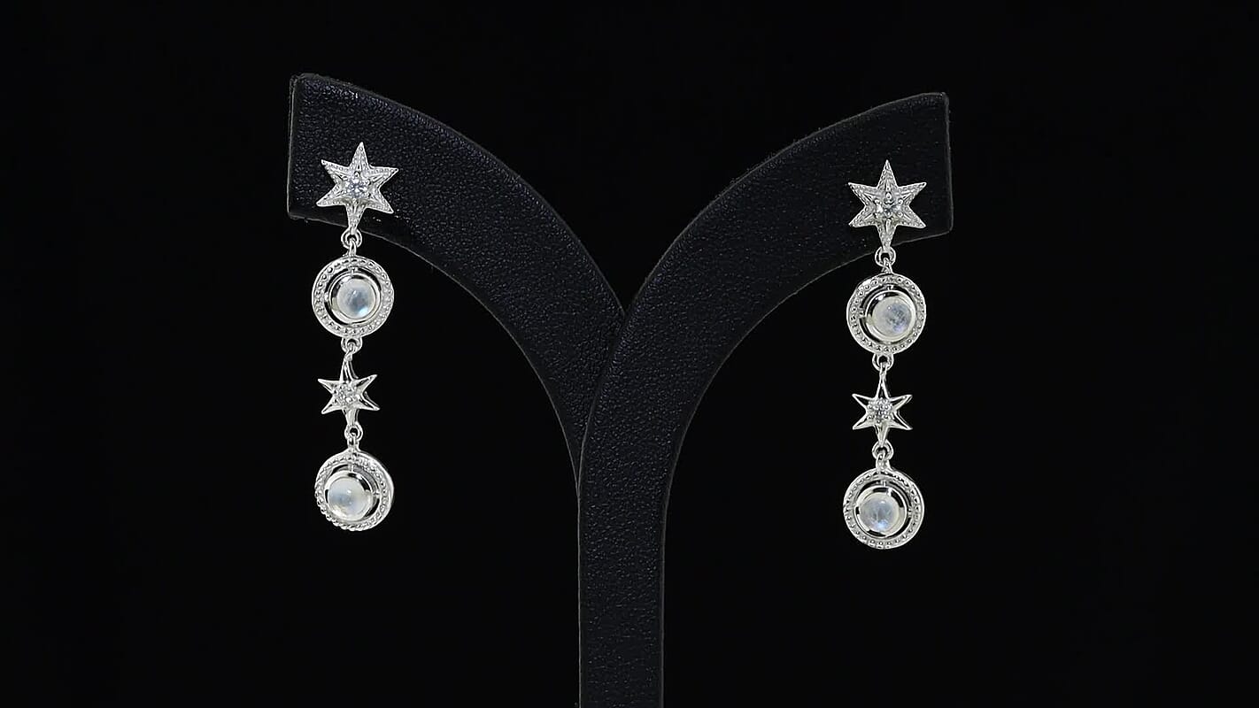 D''Joy Premium Rainbow Moonstone, White Zircon Dangling Earrings in Rhodium Over Sterling Silver 1.85 ctw