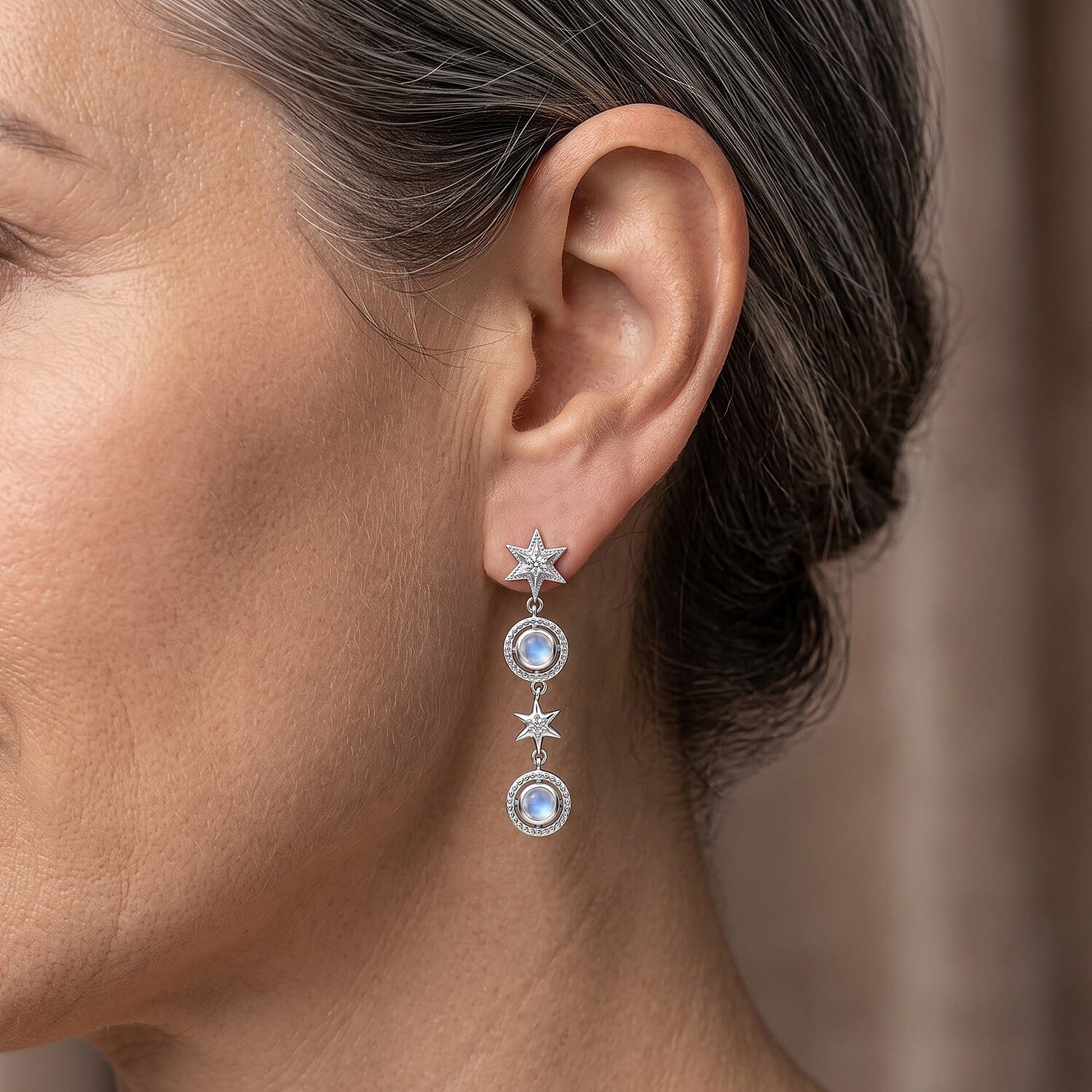 D'Joy Premium Rainbow Moonstone and White Zircon 1.85 ctw Dangling Earrings in Rhodium Over Sterling Silver