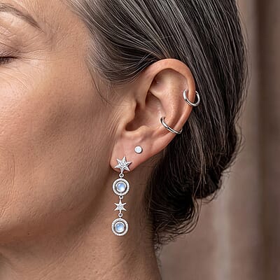 D'Joy Premium Rainbow Moonstone and White Zircon 1.85 ctw Dangling Earrings in Rhodium Over Sterling Silver