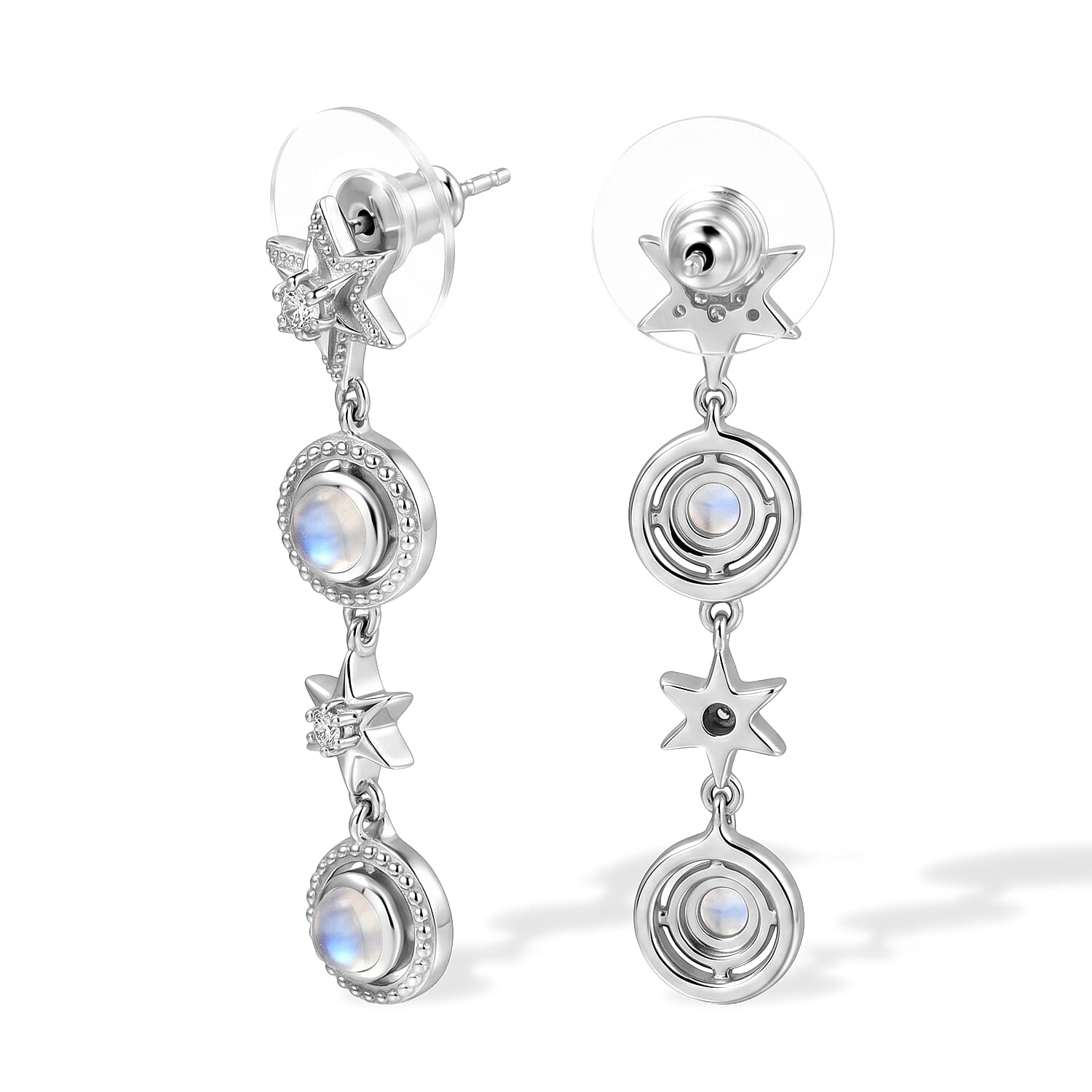 D'Joy Premium Rainbow Moonstone and White Zircon 1.85 ctw Dangling Earrings in Rhodium Over Sterling Silver