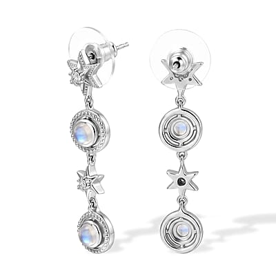 D'Joy Premium Rainbow Moonstone and White Zircon 1.85 ctw Dangling Earrings in Rhodium Over Sterling Silver
