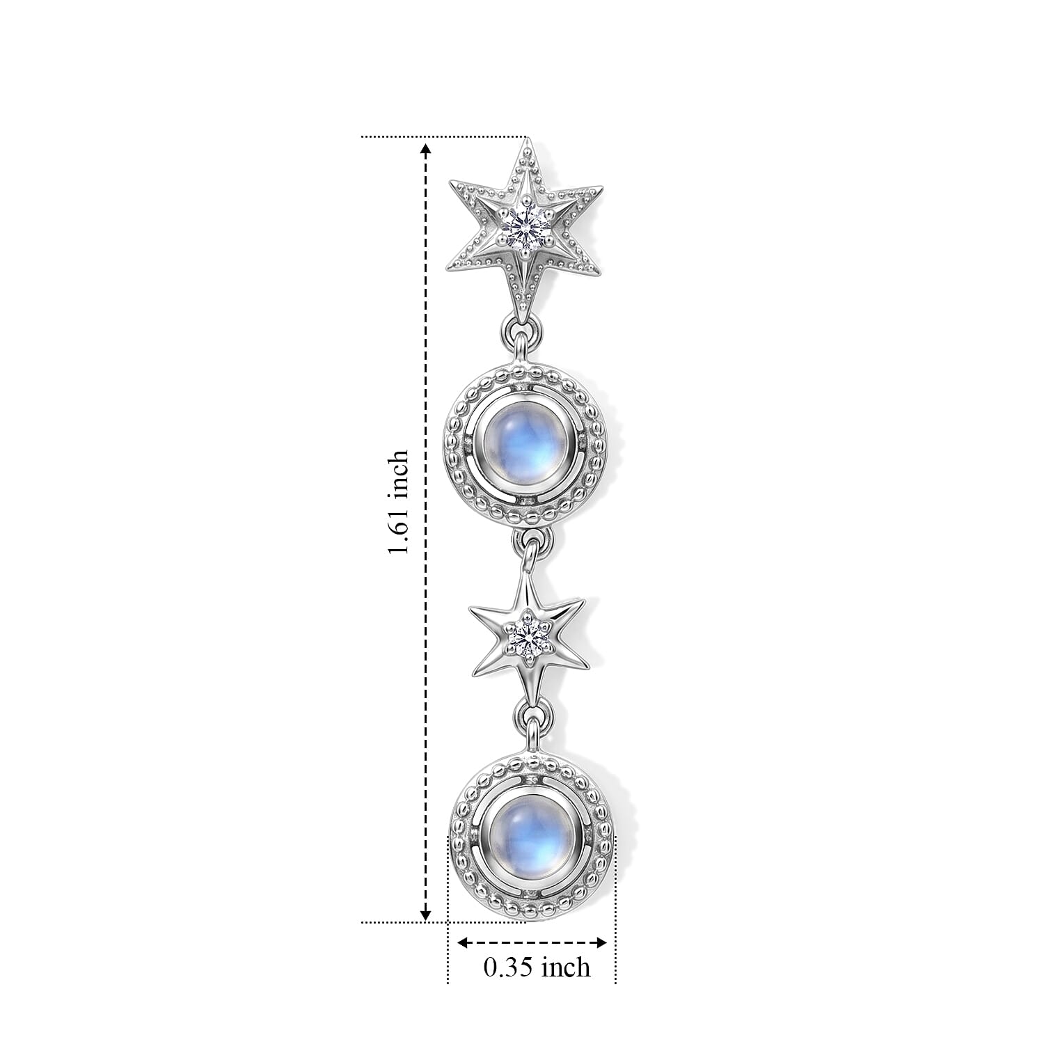 D'Joy Premium Rainbow Moonstone and White Zircon 1.85 ctw Dangling Earrings in Rhodium Over Sterling Silver