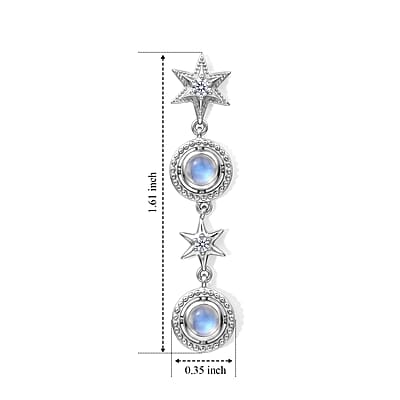 D'Joy Premium Rainbow Moonstone and White Zircon 1.85 ctw Dangling Earrings in Rhodium Over Sterling Silver