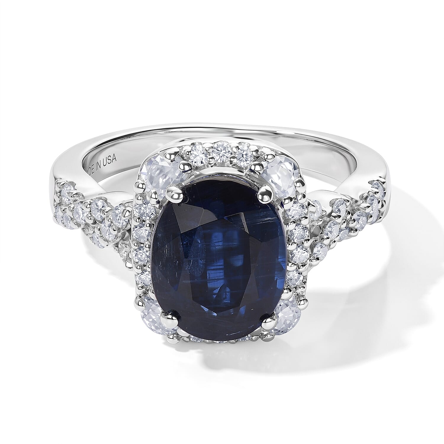 Certified and Appraised D'Joy Premium Kashmir Kyanite and Moissanite 4.10 ctw Ring in Rhodium Over Sterling Silver (Size 6.0)