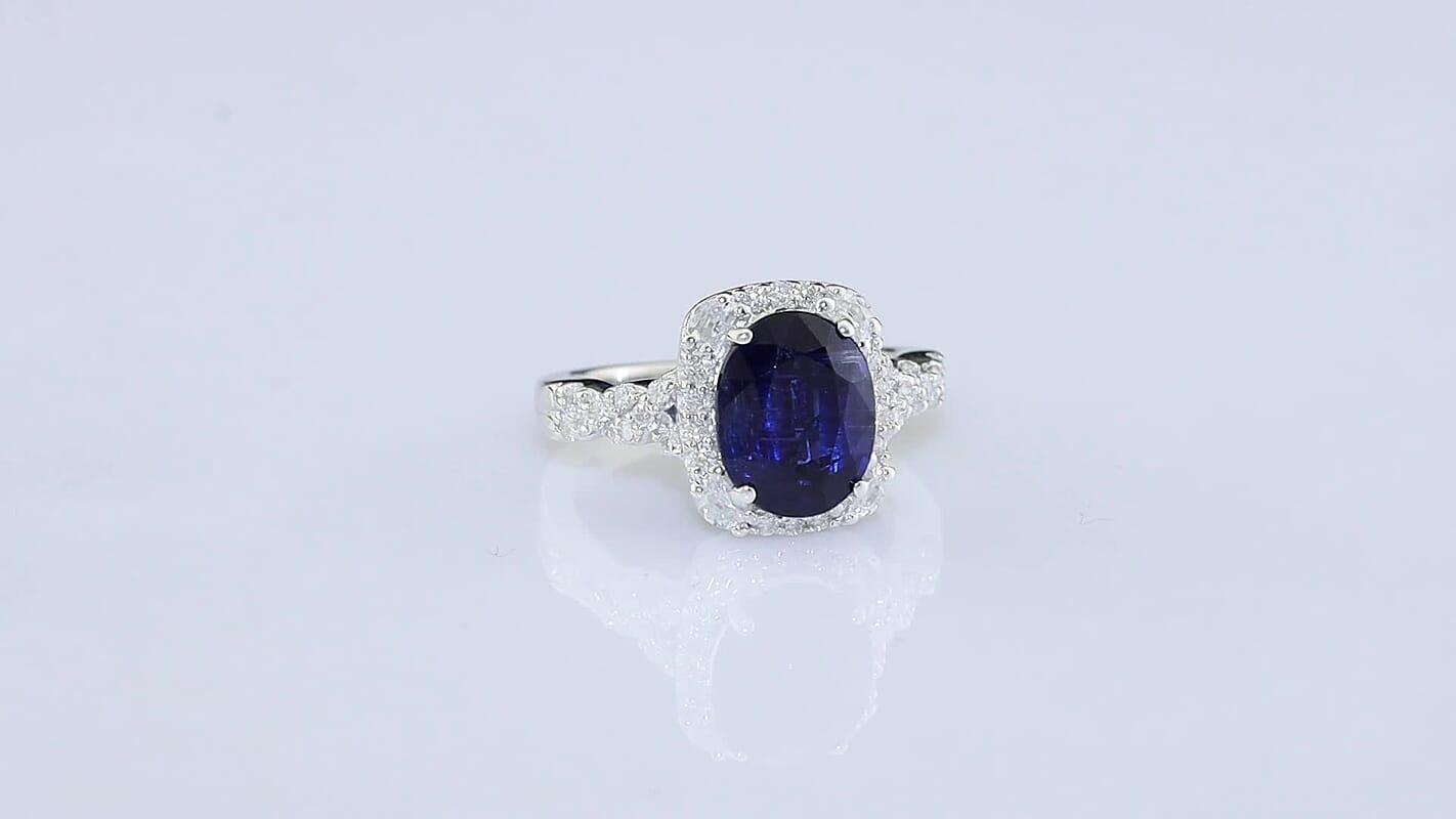 Certified and Appraised D''Joy Premium Kashmir Kyanite, Moissanite Ring in Rhodium Over Sterling Silver (Size 10.0) 4.10 ctw