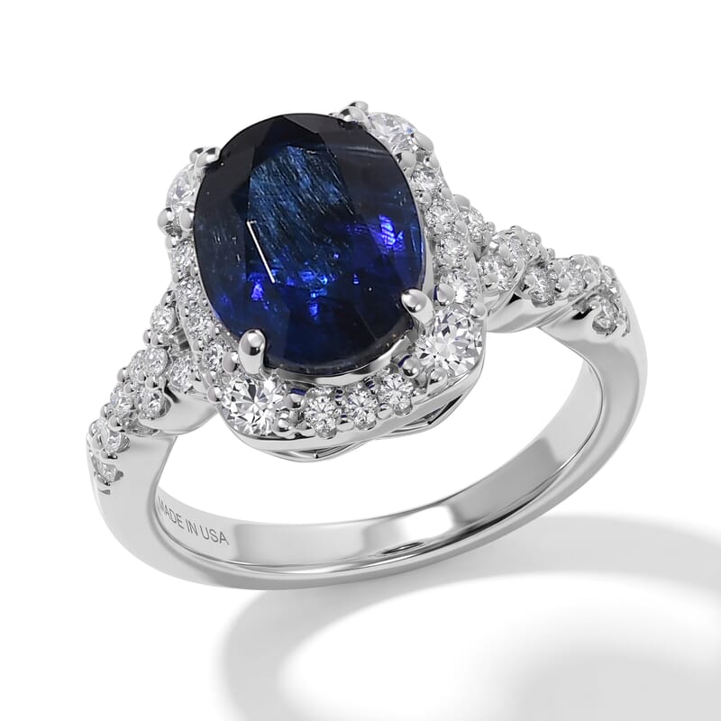 Certified and Appraised D'Joy Premium Kashmir Kyanite and Moissanite 4.10 ctw Ring in Rhodium Over Sterling Silver (Size 6.0)