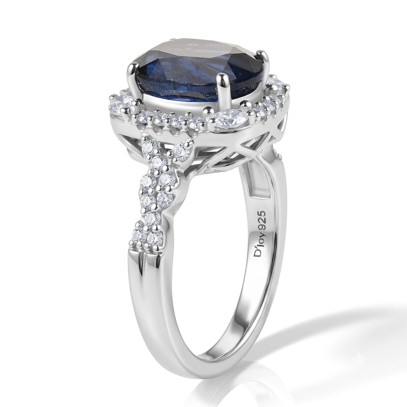 Certified and Appraised D'Joy Premium Kashmir Kyanite and Moissanite 4.10 ctw Ring in Rhodium Over Sterling Silver (Size 6.0)