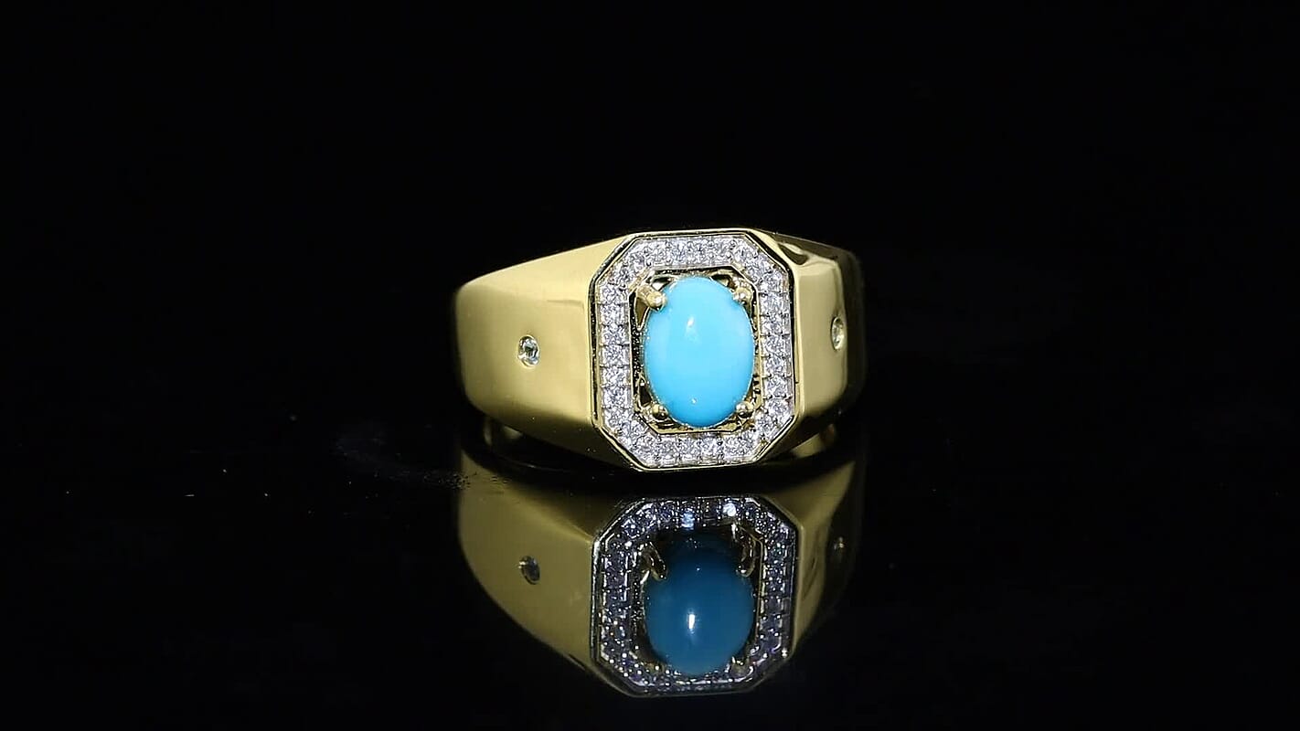 D''Joy Premium Sleeping Beauty Turquoise and Multi Gemstone 1.35 ctw Men''s Ring in 18K Vermeil Yellow Gold Over Sterling Silver (Size 9.0)