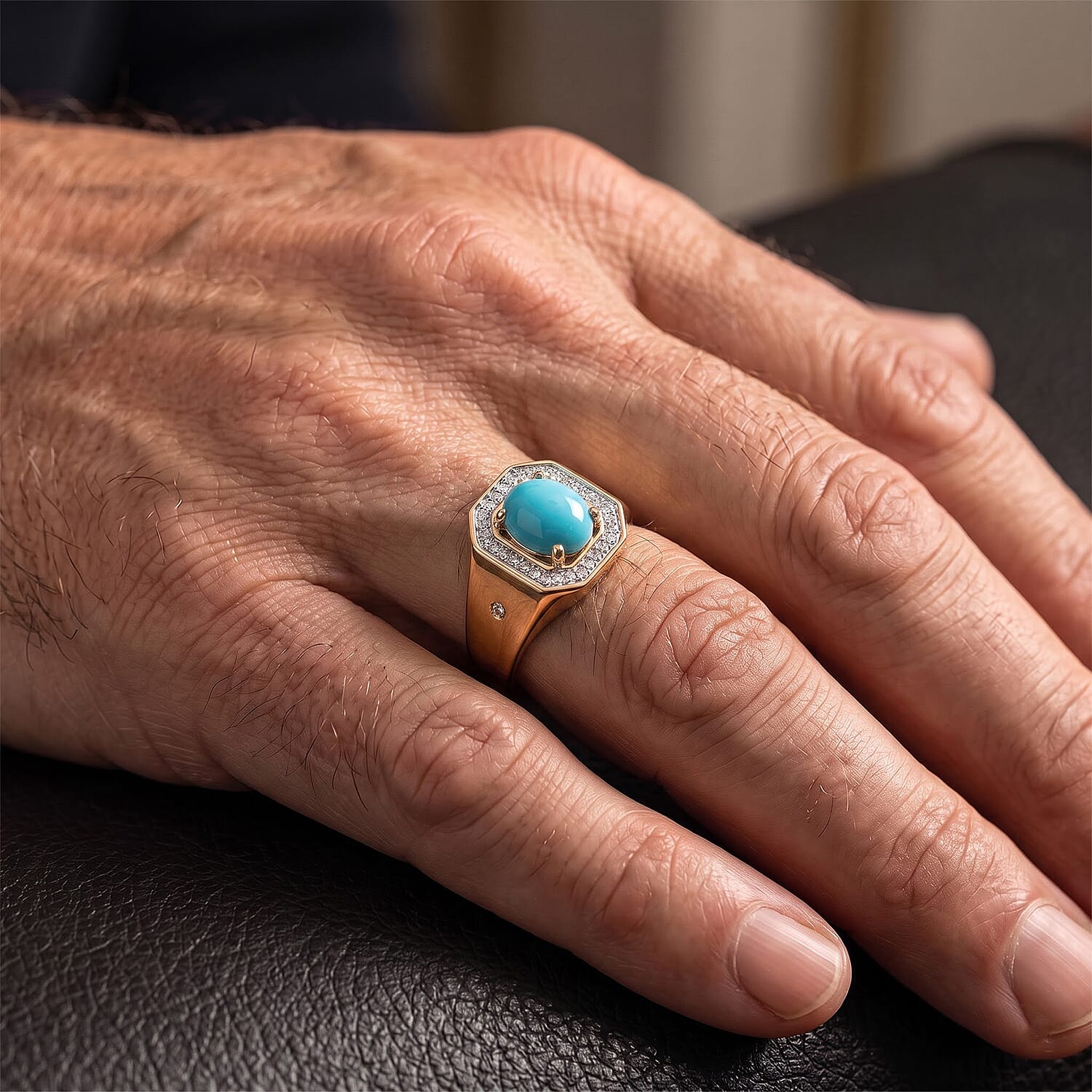 D'Joy Premium Sleeping Beauty Turquoise and Multi Gemstone 1.35 ctw Men's Ring in 18K Vermeil Yellow Gold Over Sterling Silver (Size 9.0)