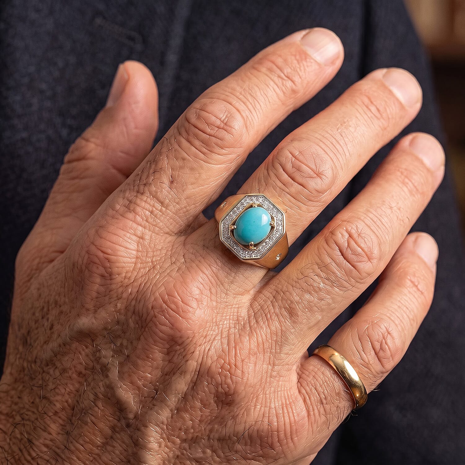 D'Joy Premium Sleeping Beauty Turquoise and Multi Gemstone 1.35 ctw Men's Ring in 18K Vermeil Yellow Gold Over Sterling Silver (Size 9.0)
