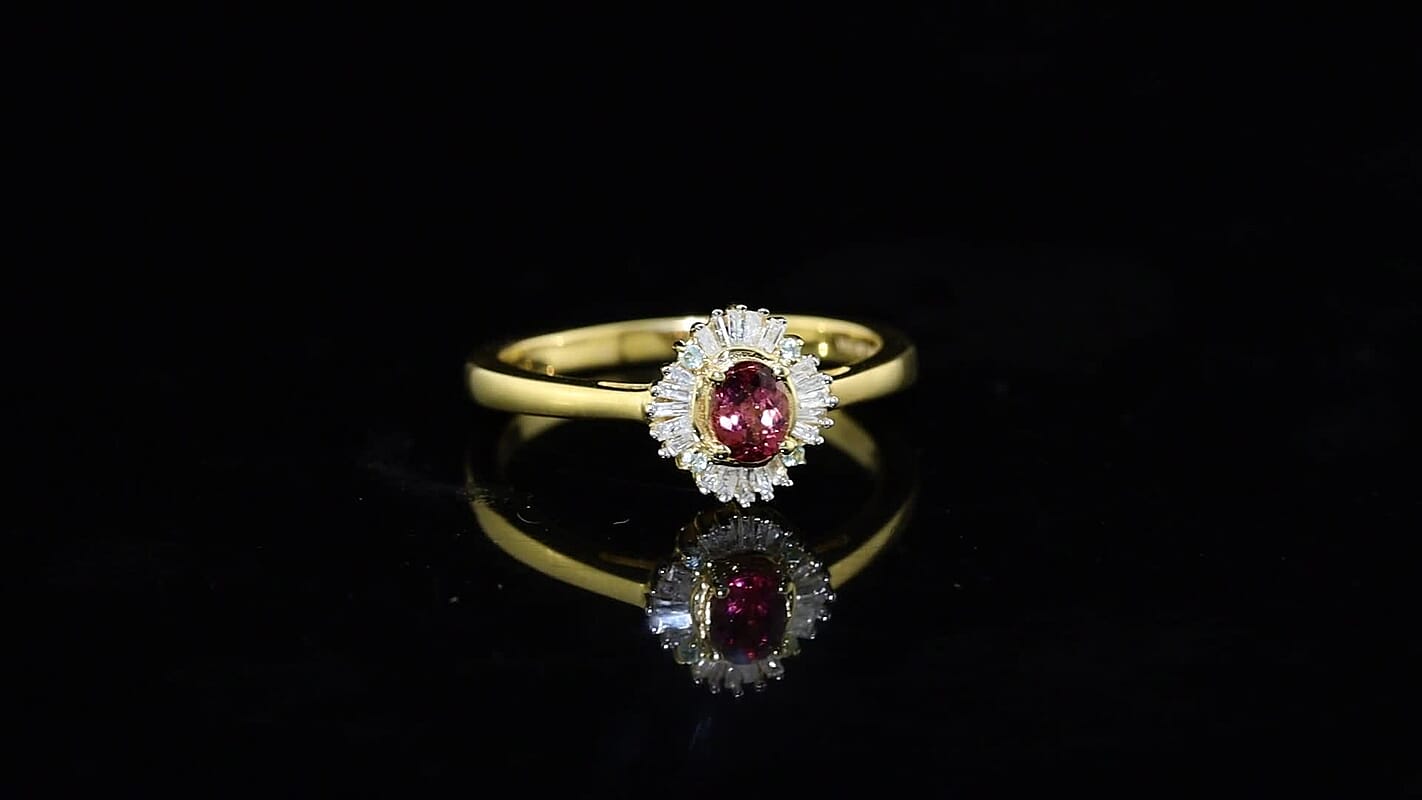 D''Joy Premium Ouro Fino Rubellite, Paraiba Tourmaline and Diamond 0.50 ctw Ring in 18K Vermeil Yellow Gold Over Sterling Silver (Size 9.0)
