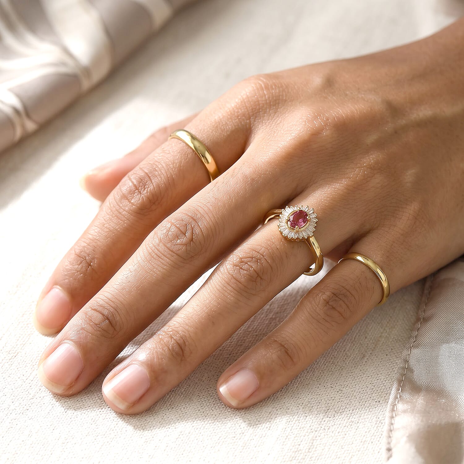 D'Joy Premium Ouro Fino Rubellite, Paraiba Tourmaline and Diamond 0.50 ctw Astral Halo Ring in 18K Vermeil Yellow Gold Over Sterling Silver (Size 6.0)