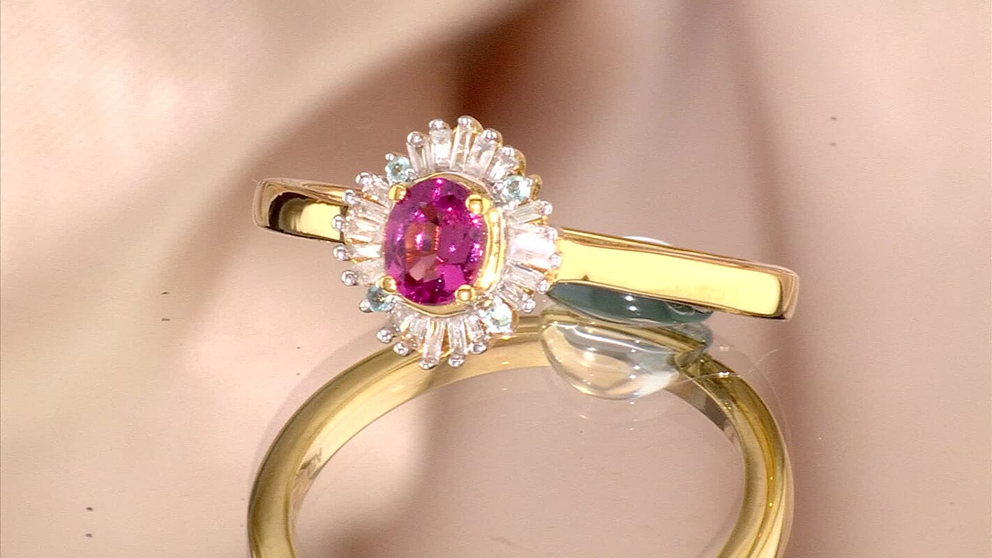 D''Joy Premium Ouro Fino Rubellite, Paraiba Tourmaline and Diamond 0.50 ctw Ring in 18K Vermeil Yellow Gold Over Sterling Silver (Size 9.0)