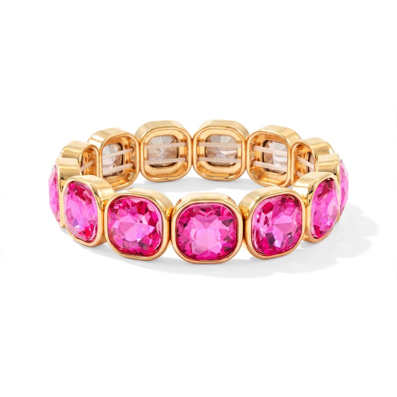 Fuchsia Magic Glass Cushion Luxe Stretch Bracelet in Goldtone