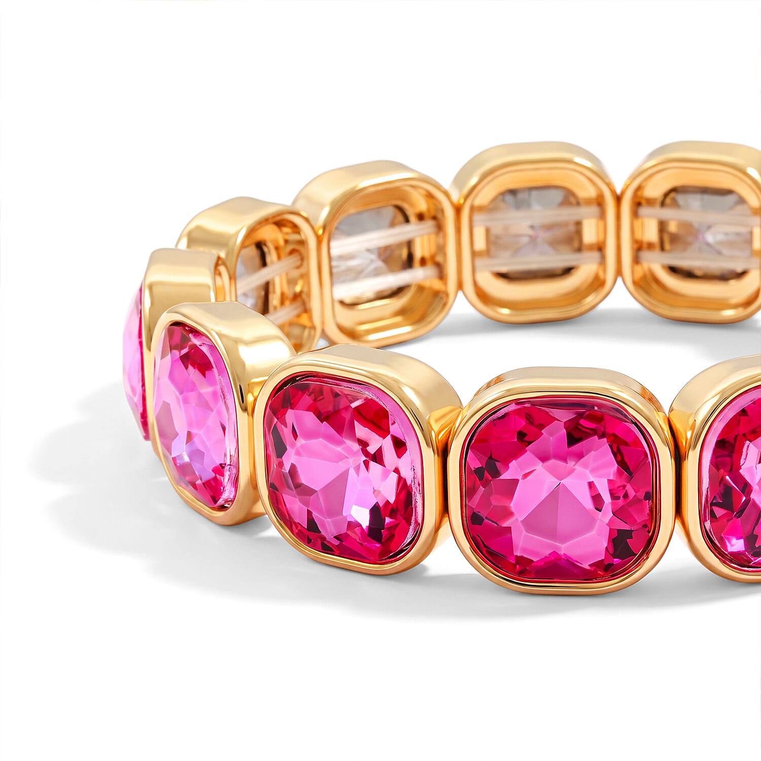 Fuchsia Magic Glass Cushion Luxe Stretch Bracelet in Goldtone
