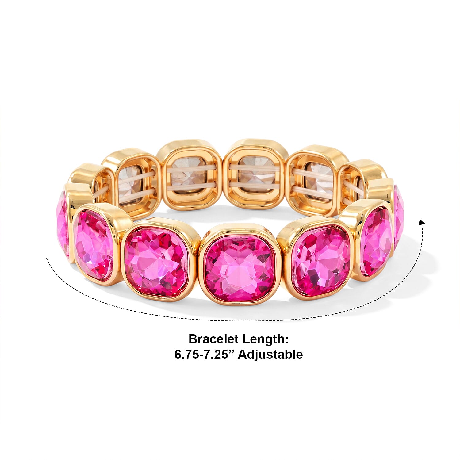 Fuchsia Magic Glass Cushion Luxe Stretch Bracelet in Goldtone