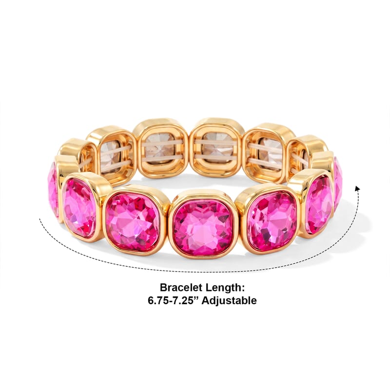 Fuchsia Magic Glass Cushion Luxe Stretch Bracelet in Goldtone