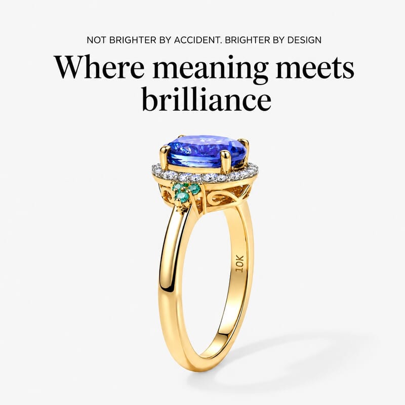 Luxoro Premium Tanzanite, Paraiba Tourmaline and Diamond I2 1.65 ctw Blue Light Halo Ring in 10K Yellow Gold (Size 5.0)
