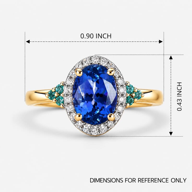 Luxoro Premium Tanzanite, Paraiba Tourmaline and Diamond I2 1.65 ctw Blue Light Halo Ring in 10K Yellow Gold (Size 5.0)