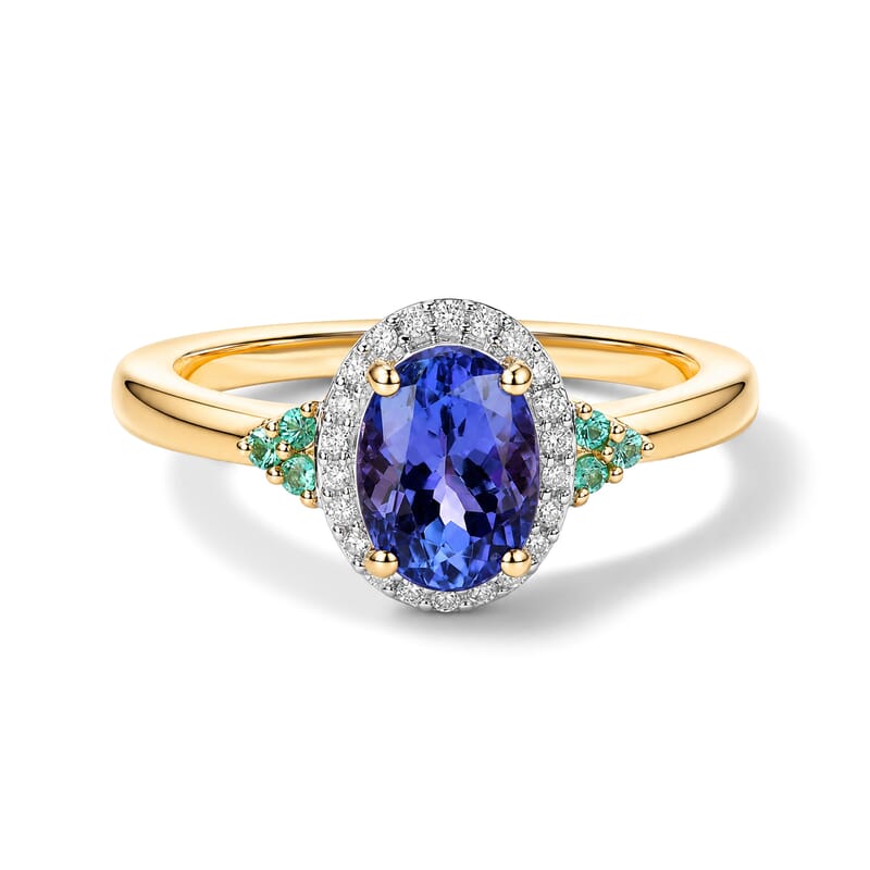 Luxoro Premium Tanzanite, Paraiba Tourmaline and Diamond (I2) 1.65 ctw Blue Light Halo Ring in 10K Yellow Gold (Size 6.0)