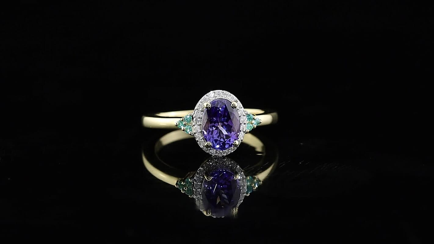 Luxoro Premium Tanzanite, Paraiba Tourmaline and Diamond I2 1.65 ctw Ring in 10K Yellow Gold (Size 7.0)