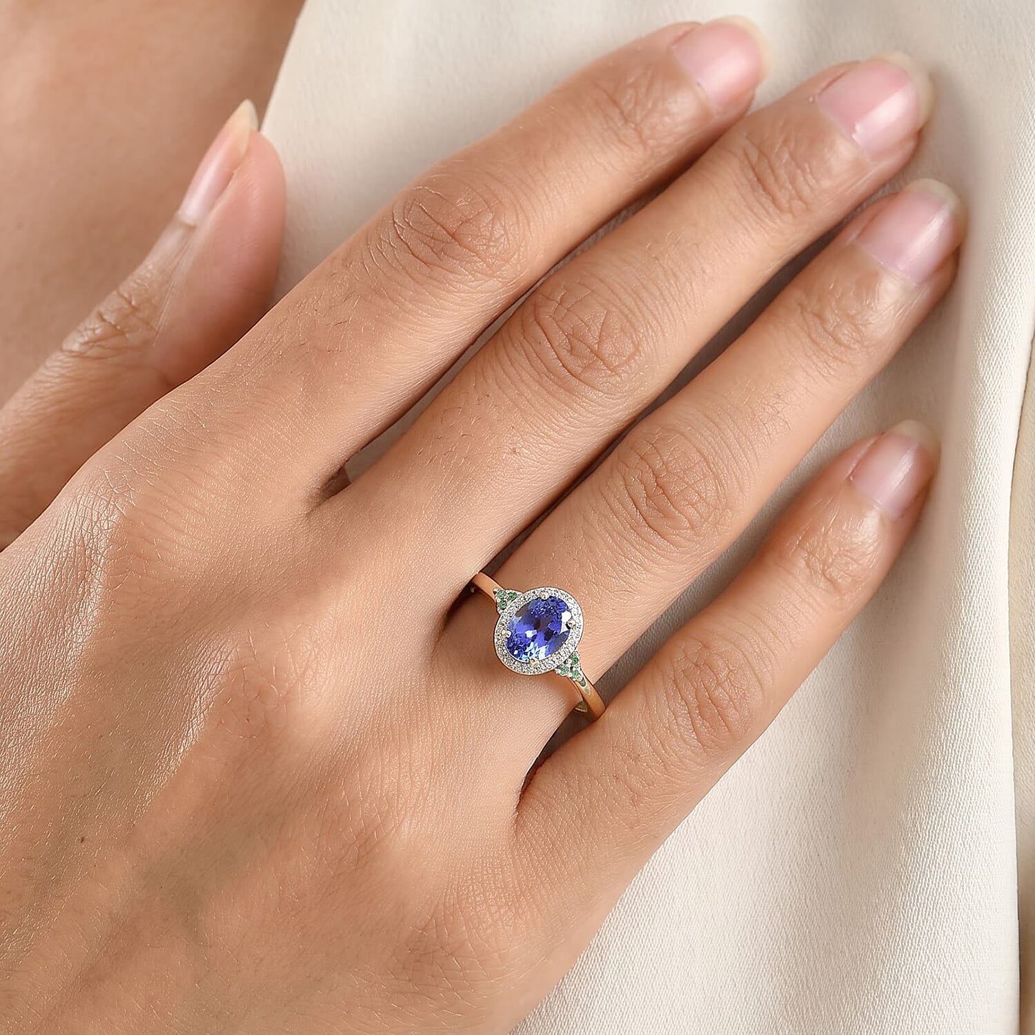 Luxoro Premium Tanzanite, Paraiba Tourmaline and Diamond (I2) 1.65 ctw Blue Light Halo Ring in 10K Yellow Gold (Size 6.0)