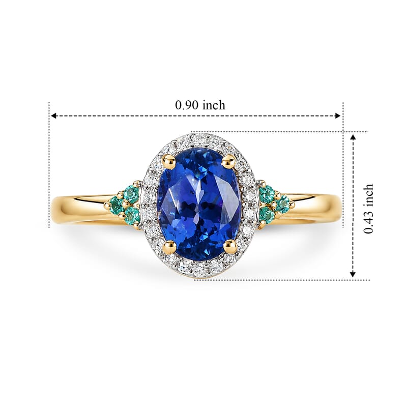 Luxoro Premium Tanzanite, Paraiba Tourmaline and Diamond (I2) 1.65 ctw Blue Light Halo Ring in 10K Yellow Gold (Size 6.0)