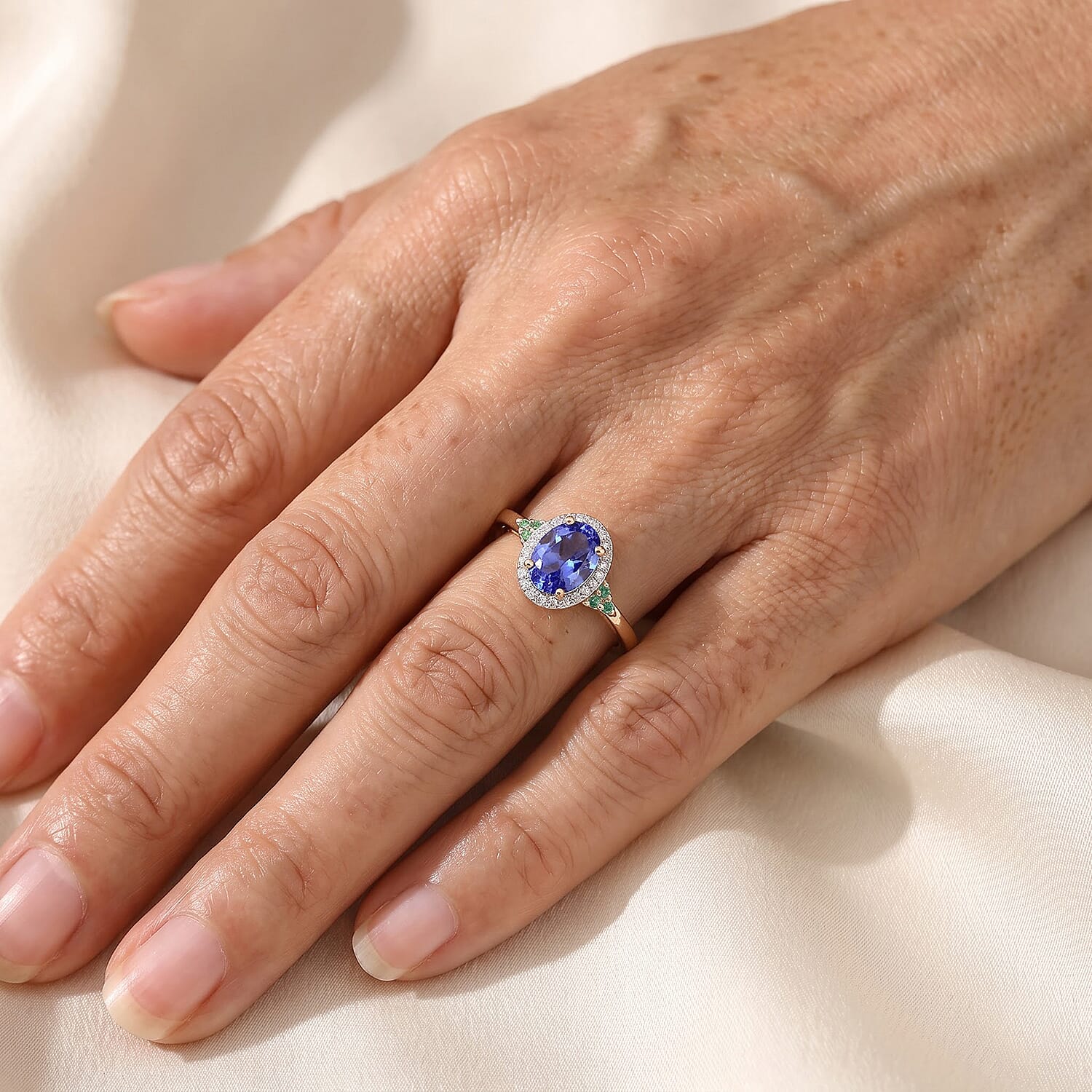 Luxoro Premium Tanzanite, Paraiba Tourmaline and Diamond (I2) 1.65 ctw Blue Light Halo Ring in 10K Yellow Gold (Size 7.0)