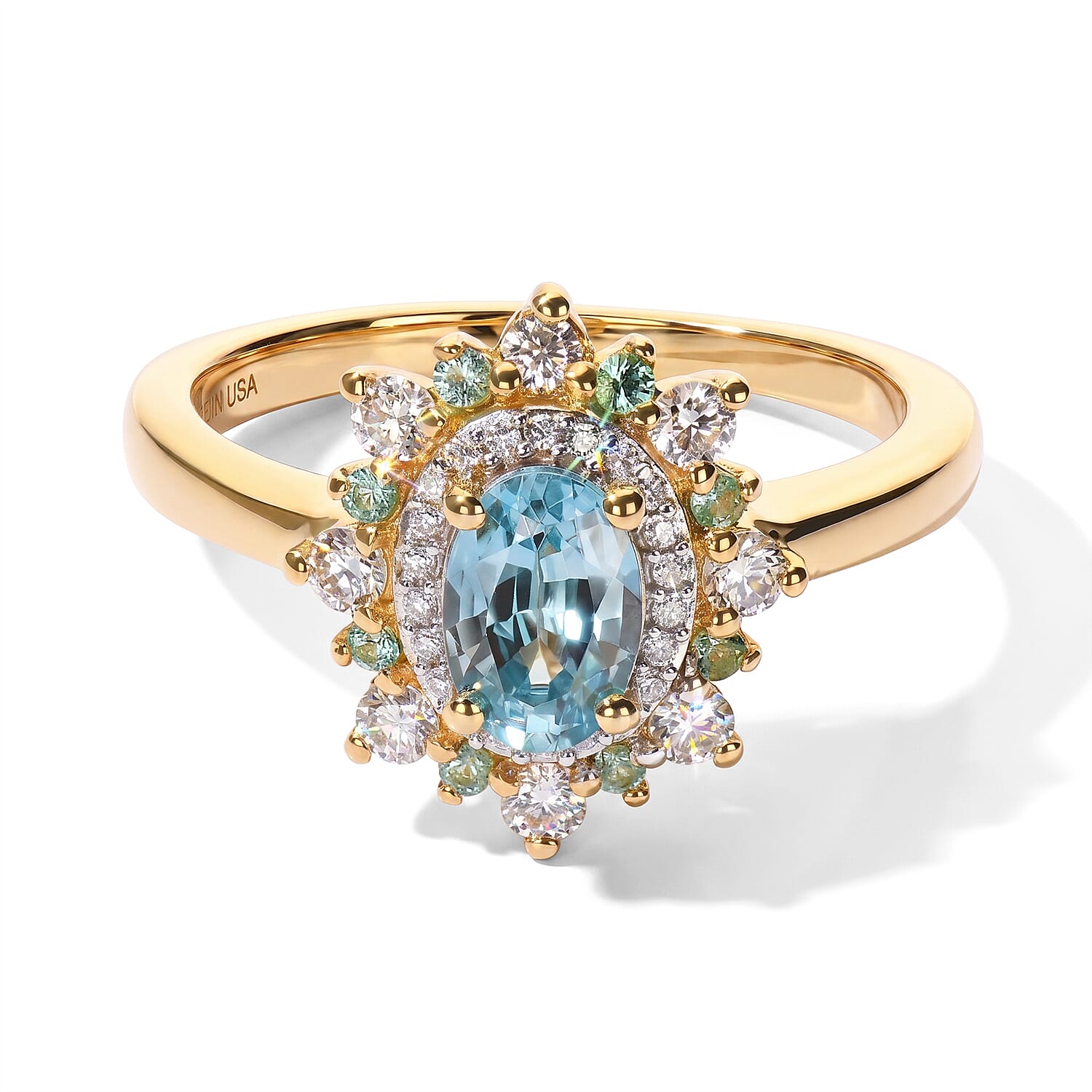 D''Joy Premium Cambodian Blue Zircon and Multi Gemstone 1.35 ctw Ring in 18K Vermeil Yellow Gold Over Sterling Silver (Size 7.0)