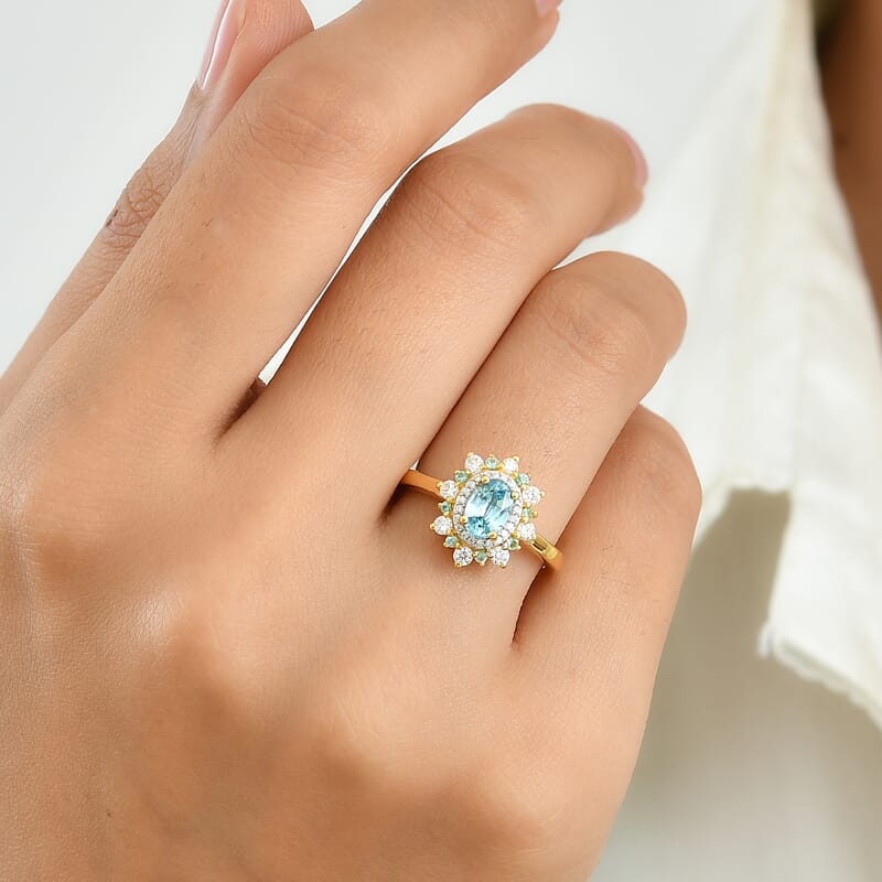 D'Joy Premium Cambodian Blue Zircon, Moissanite and Paraiba Tourmaline 1.35 ctw Halo Blossom Ring in 18K Vermeil Yellow Gold Over Sterling Silver (Size 6.0)