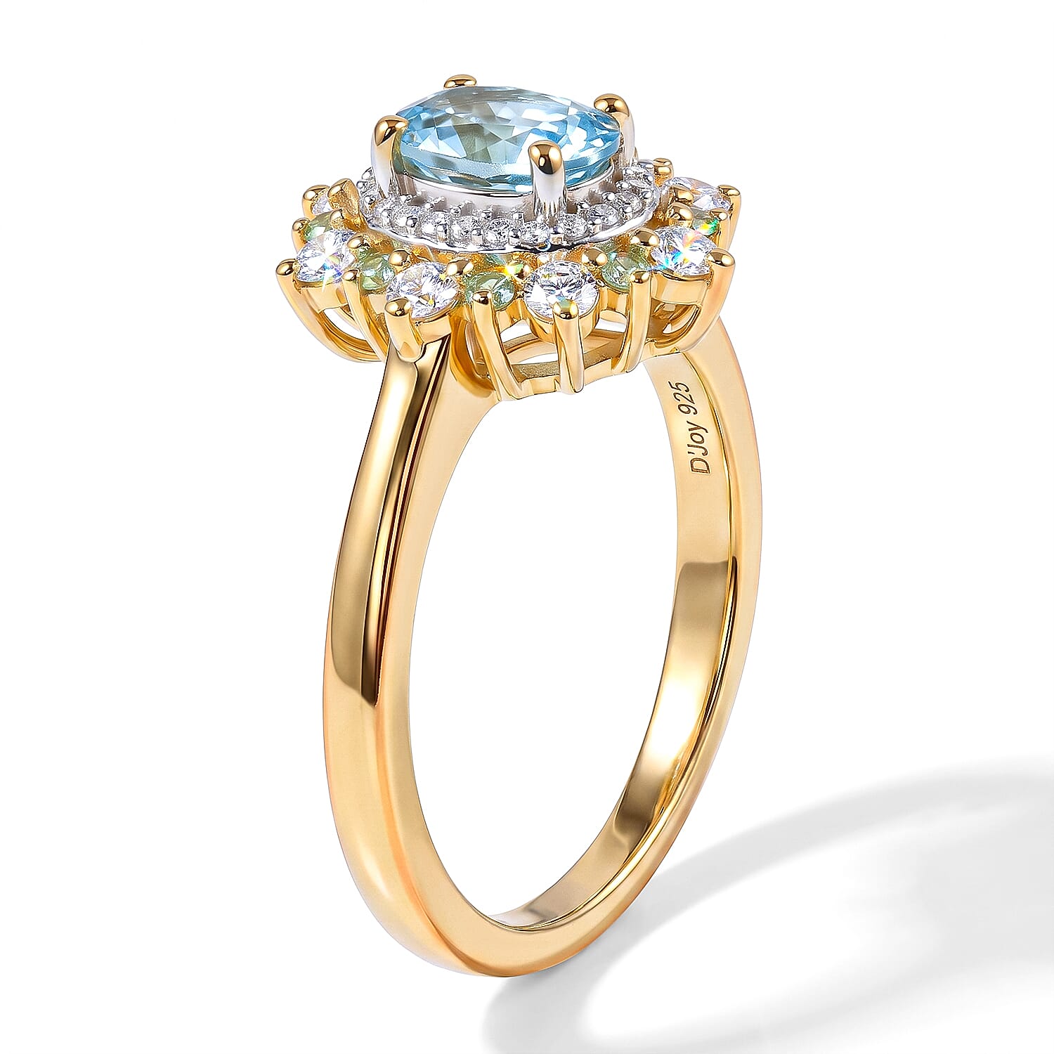 D'Joy Premium Cambodian Blue Zircon, Moissanite and Paraiba Tourmaline 1.35 ctw Halo Blossom Ring in 18K Vermeil Yellow Gold Over Sterling Silver (Size 6.0)