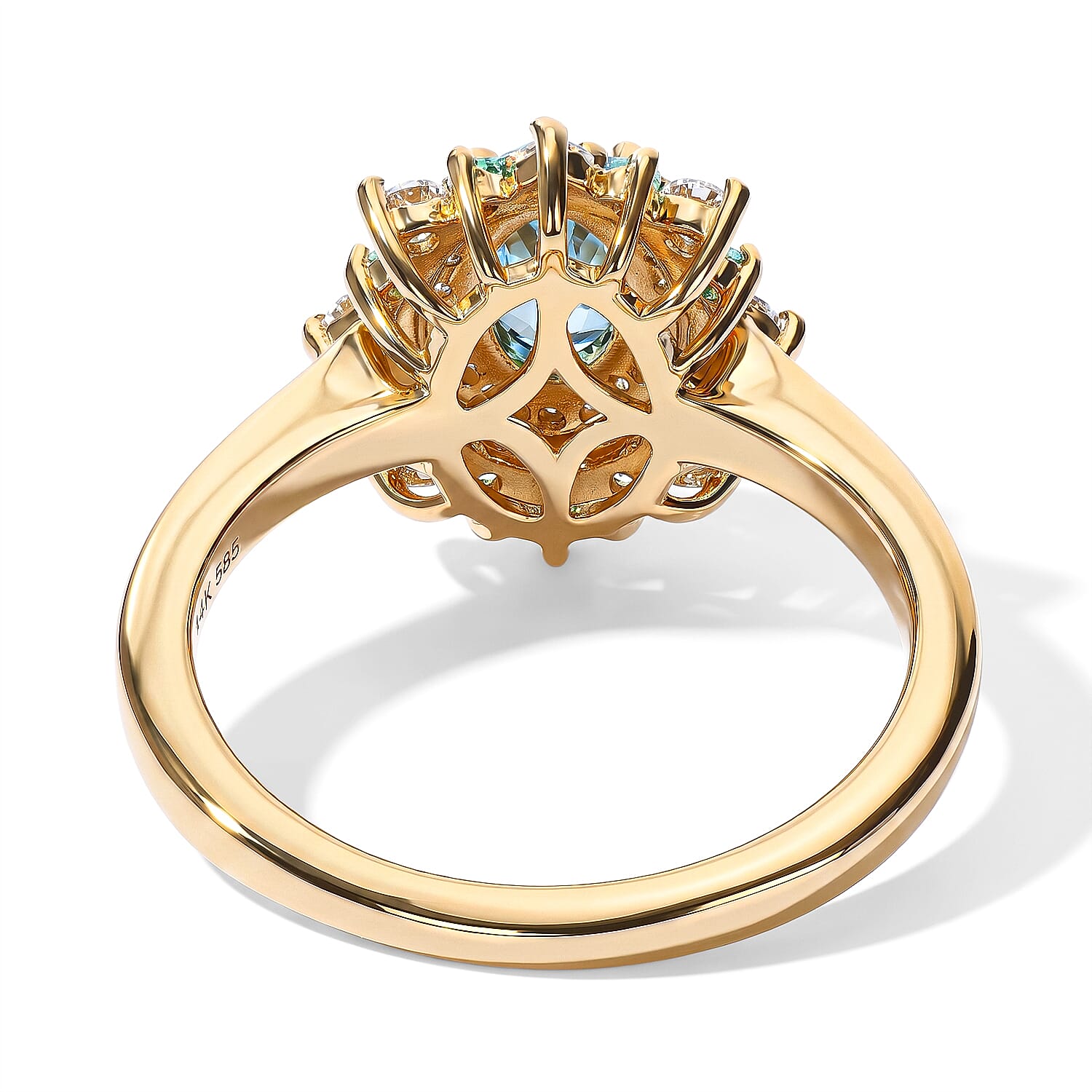 D'Joy Premium Cambodian Blue Zircon, Moissanite and Paraiba Tourmaline 1.35 ctw Halo Blossom Ring in 18K Vermeil Yellow Gold Over Sterling Silver (Size 6.0)