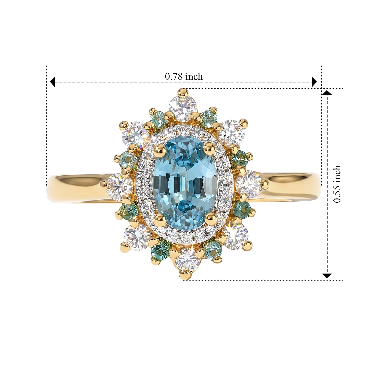 D'Joy Premium Cambodian Blue Zircon, Moissanite and Paraiba Tourmaline 1.35 ctw Halo Blossom Ring in 18K Vermeil Yellow Gold Over Sterling Silver (Size 6.0)