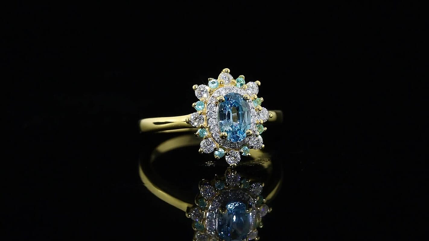 D''Joy Premium Cambodian Blue Zircon and Multi Gemstone 1.35 ctw Ring in 18K Vermeil Yellow Gold Over Sterling Silver (Size 7.0)