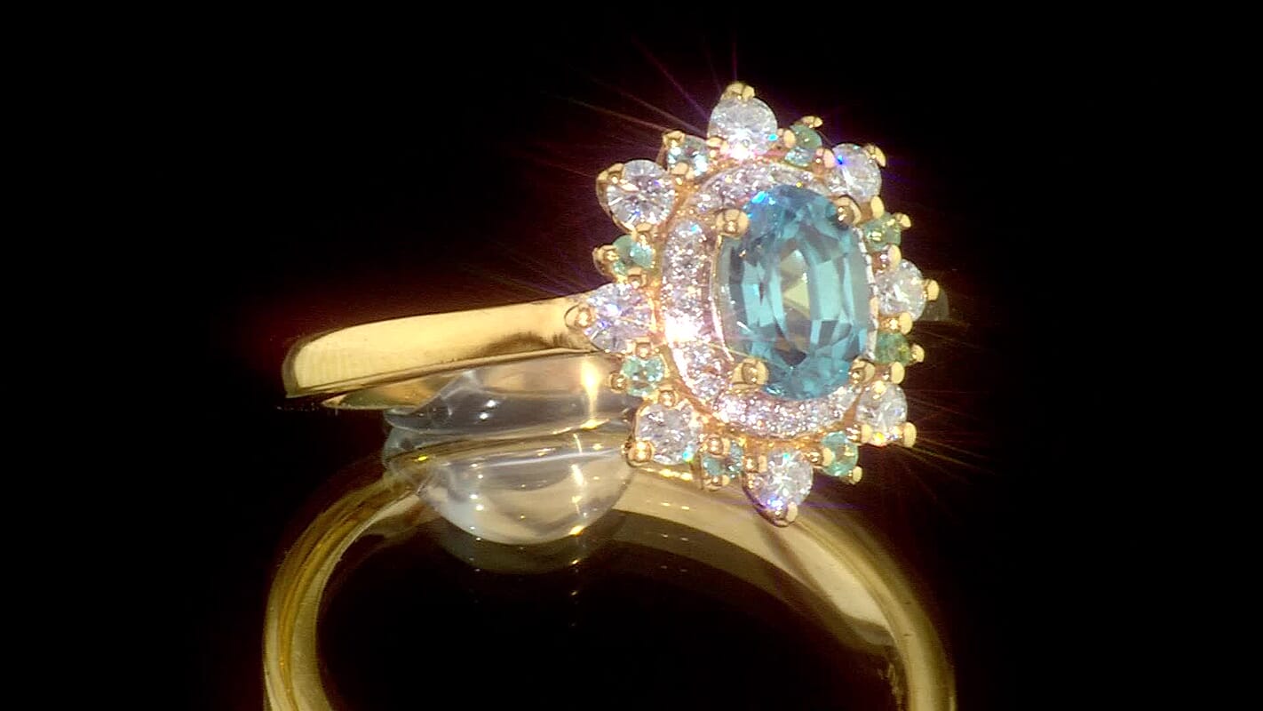 D''Joy Premium Cambodian Blue Zircon and Multi Gemstone 1.35 ctw Ring in 18K Vermeil Yellow Gold Over Sterling Silver (Size 7.0)