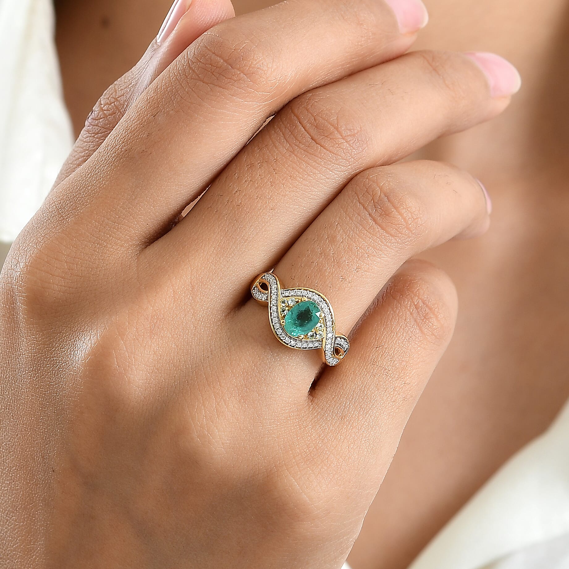 D'Joy Premium Kagem Zambian Emerald, Paraiba Tourmaline and Moissanite 1.00 ctw Ring in 18K Vermeil Yellow Gold Over Sterling Silver (Size 6.0)