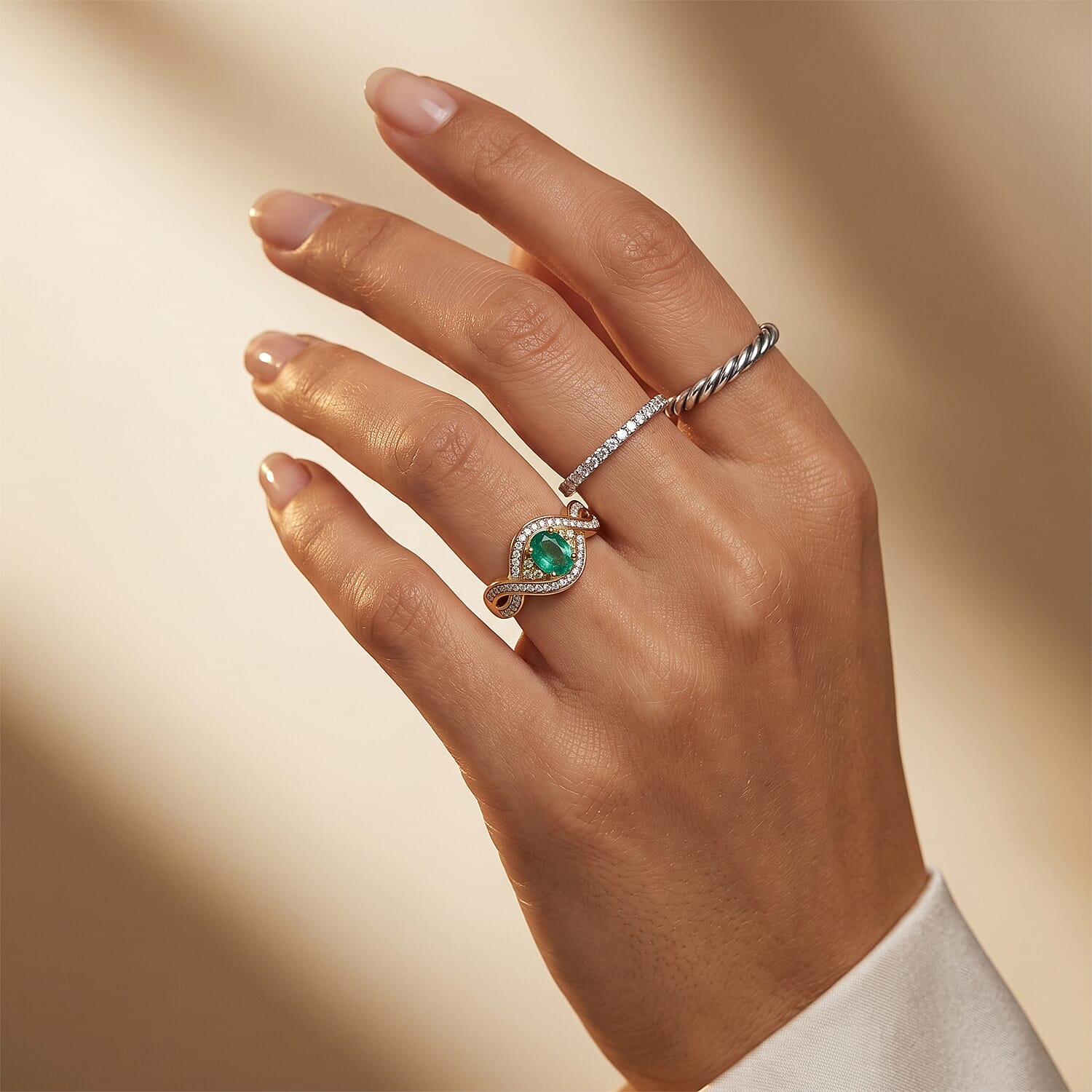 D'Joy Premium Kagem Zambian Emerald, Paraiba Tourmaline and Moissanite 1.00 ctw Ring in 18K Vermeil Yellow Gold Over Sterling Silver (Size 6.0)