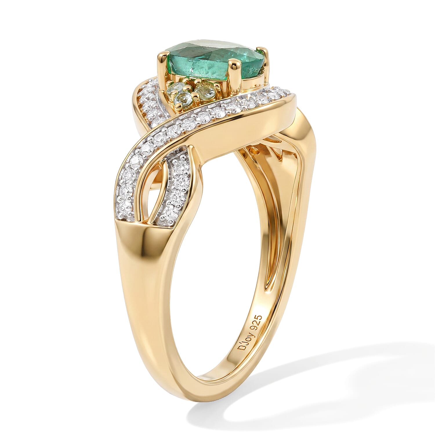 D'Joy Premium Kagem Zambian Emerald, Paraiba Tourmaline and Moissanite 1.00 ctw Ring in 18K Vermeil Yellow Gold Over Sterling Silver (Size 6.0)