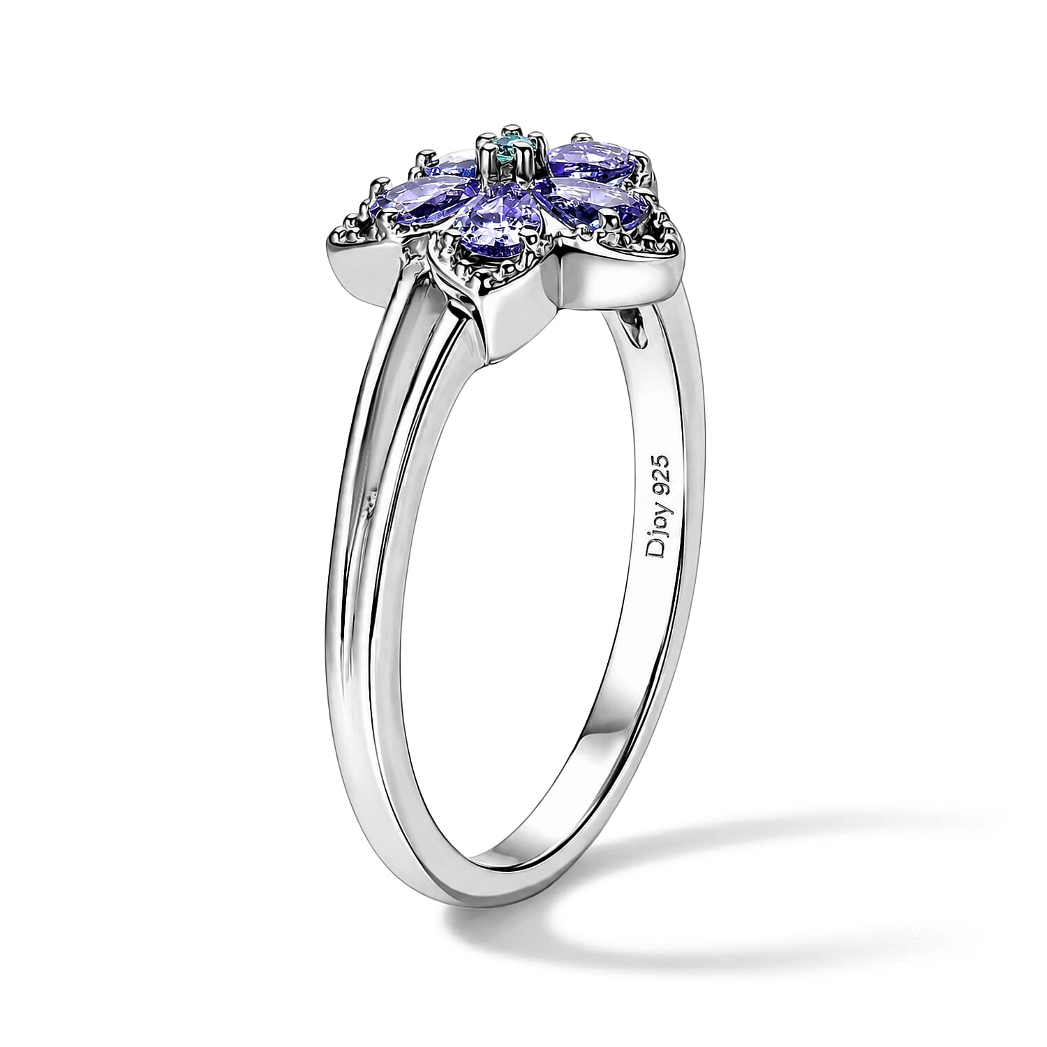 D'Joy Tanzanite and Paraiba Tourmaline 0.80 ctw Blue Blossom Ring in Rhodium Over Sterling Silver (Size 6.0)