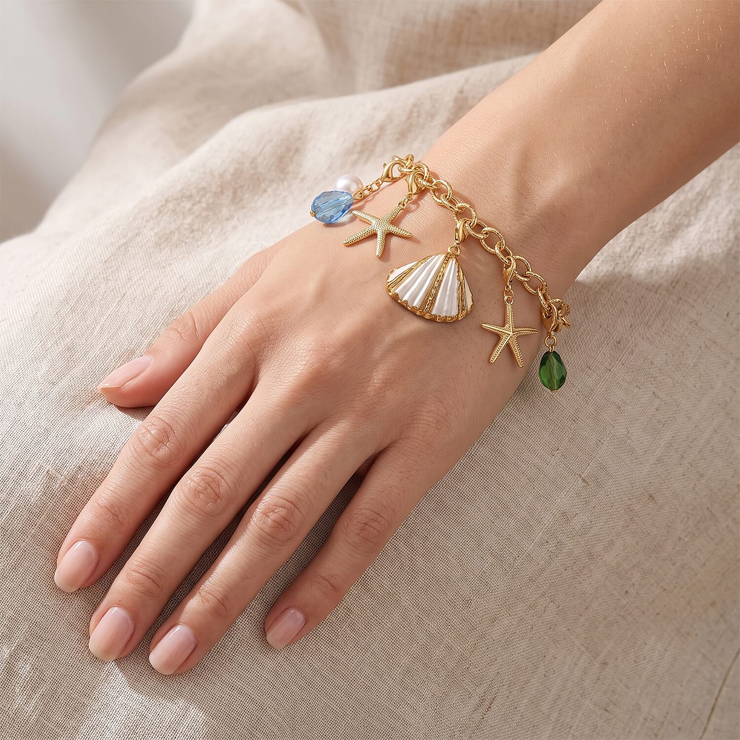 Coastal Treasures Removable Charms White Shell Pearl, Green Glass & Resin Charm Bracelet with Scallop Shell & Starfish Charms in Goldtone (7.50–9.50In)